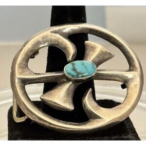 Vintage Navajo Frances Jones Sand Cast Sterling Silver Turquoise Belt Buckle ￼